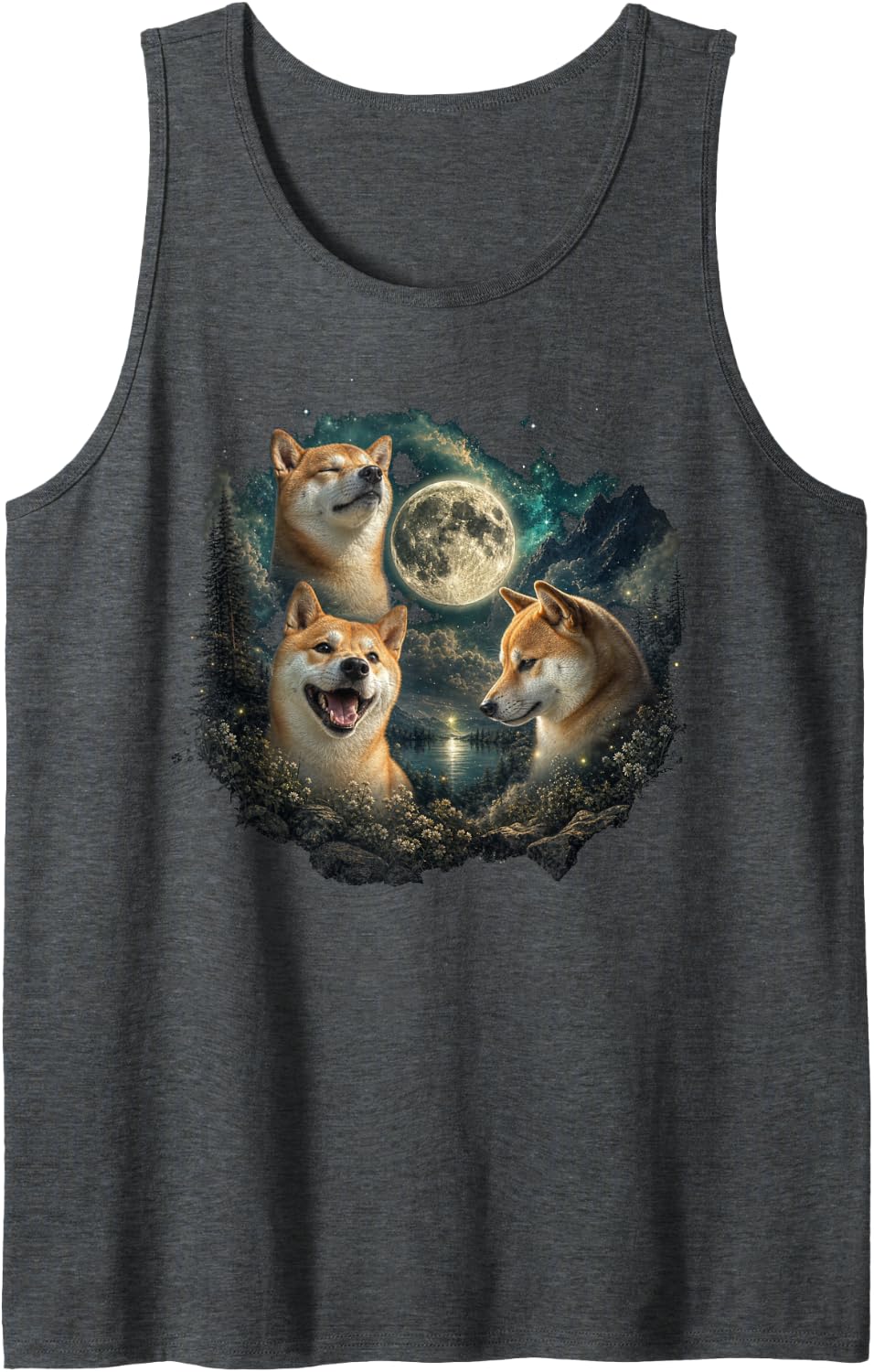 Shiba Inu Faces with Full Moon and Stars Tank Top - Dark Heather Grey