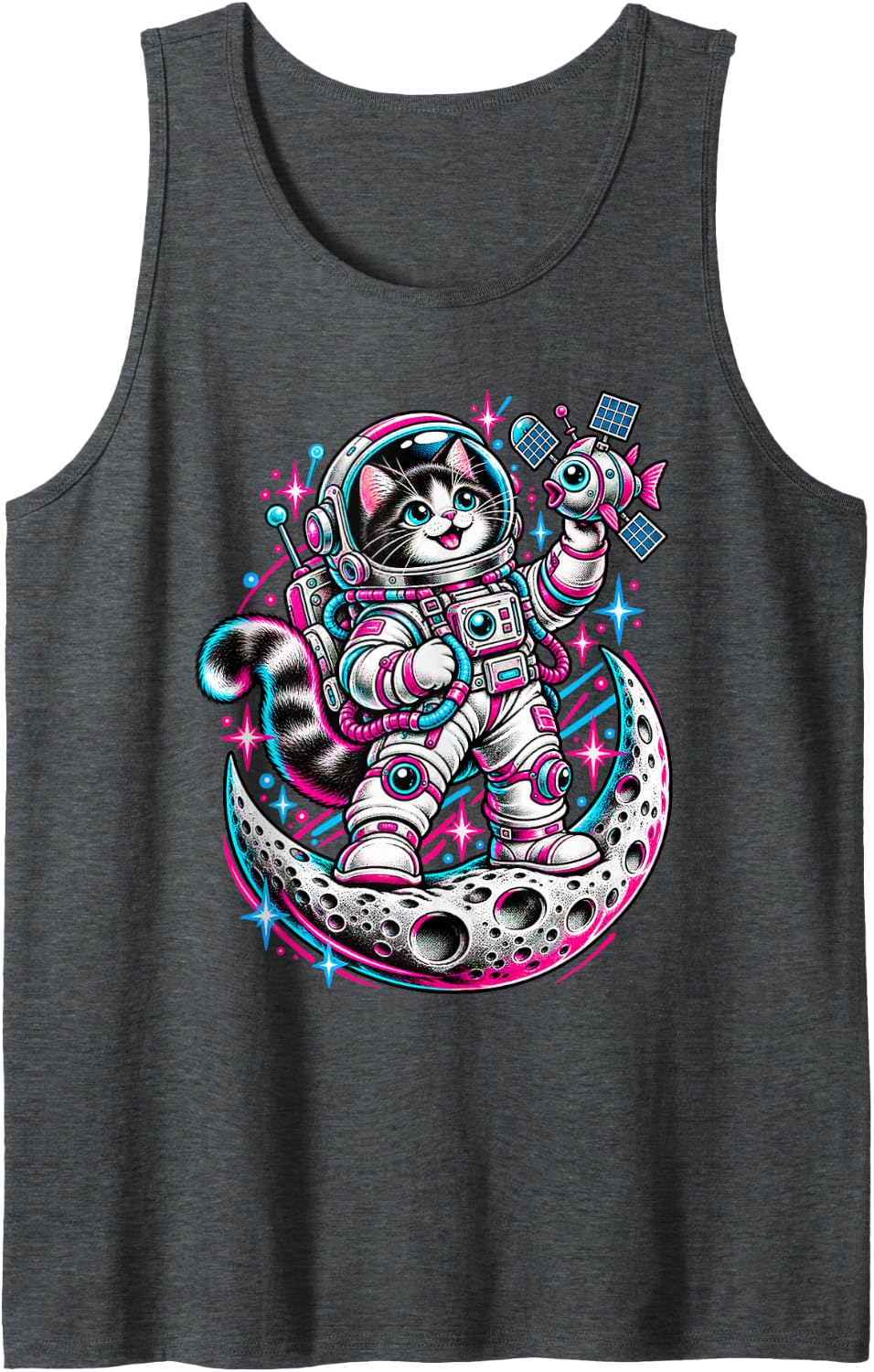 Cat Astronaut on the Moon - Kitten with Fish Satellite Sleeveless Tank Top - Dark Heather Grey