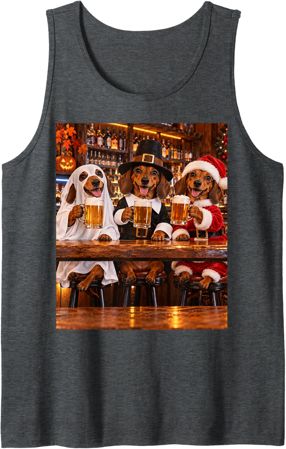 Funny Dachshund Halloween Thanksgiving Christmas Beer Sleeveless Tank Top - Dark Heather Grey