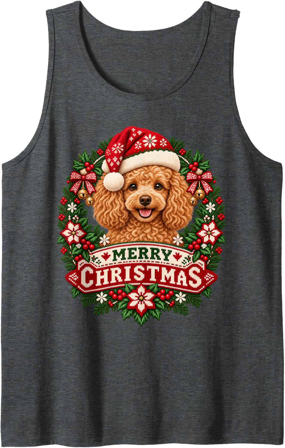 Merry Christmas Poodle Happy Santa Hat Snowflake Sleeveless Tank Top - Dark Heather Grey