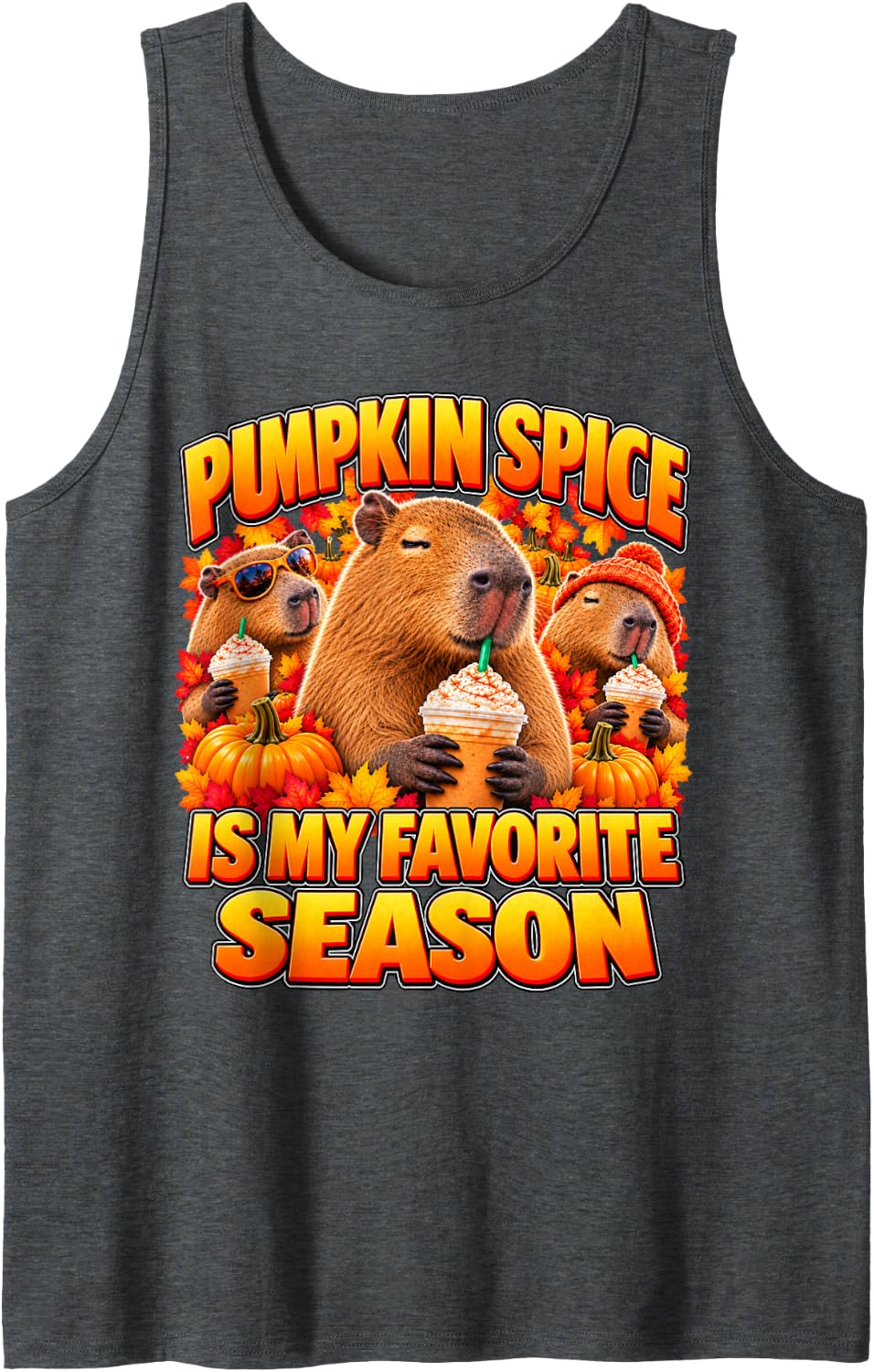 Pumpkin Spice is My Favorite Season Capybara Fall Dad Joke Sleeveless Tank Top - Dark Heather Grey