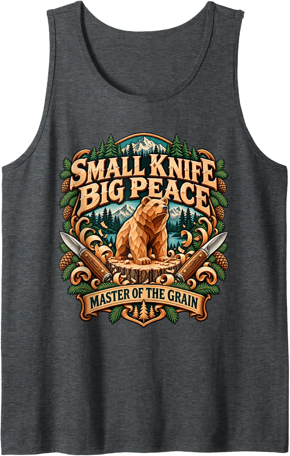 Small Knife Big Peace Master of The Grain Bear Sleeveless Tank Top - Dark Heather Grey