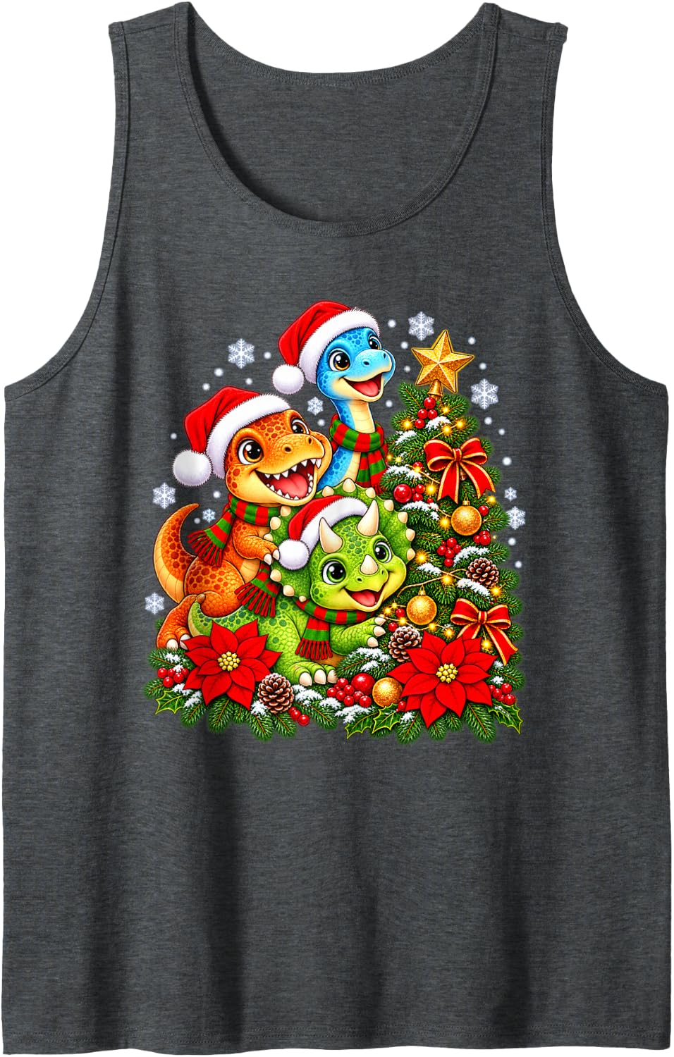 Christmas Tree Dinosaurs Santa Hat Men Women Kids Sleeveless Tank Top - Dark Heather Grey