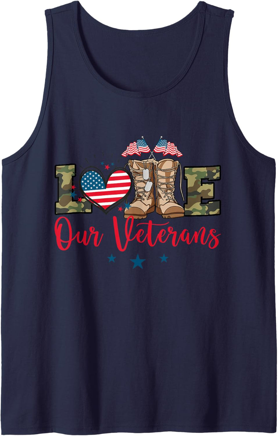 Love Our Veterans Day Proud Patriotic Military US Flag Sleeveless Tank Top - Navy Blue