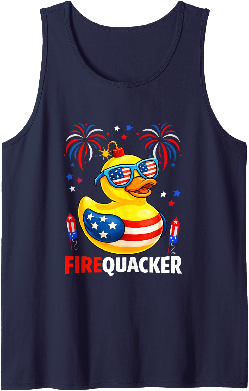Firequacker 4th of July US Flag Duck Sunglasses Fireworks Tank Top - Navy Blue