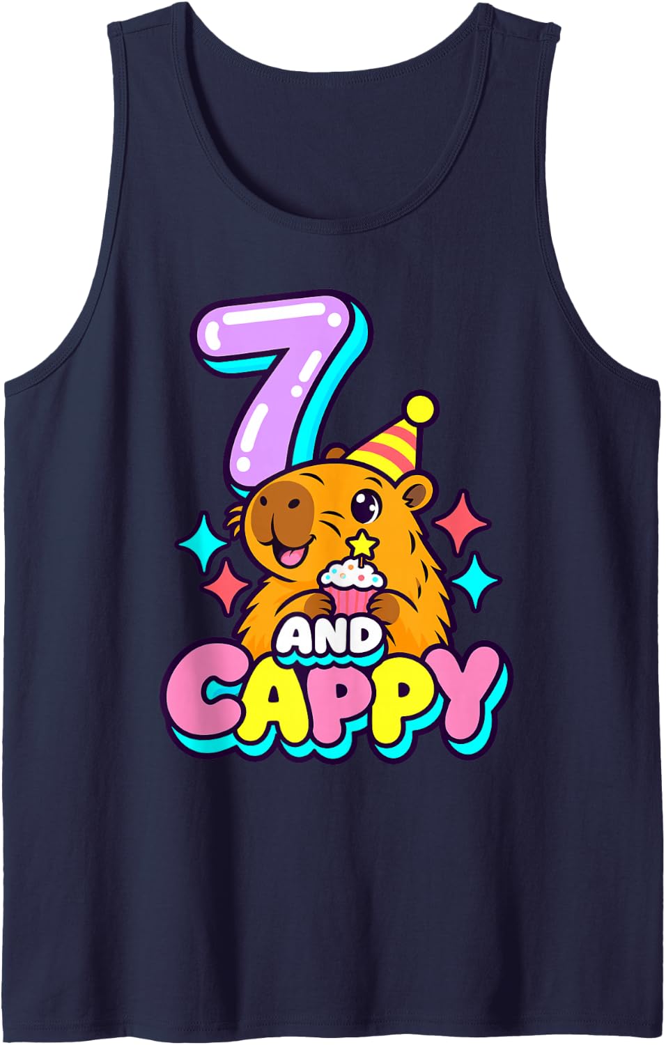 Cappy and 7 Capybara 7th Birthday Party Sparkles Cake Sleeveless Tank Top - Navy Blue