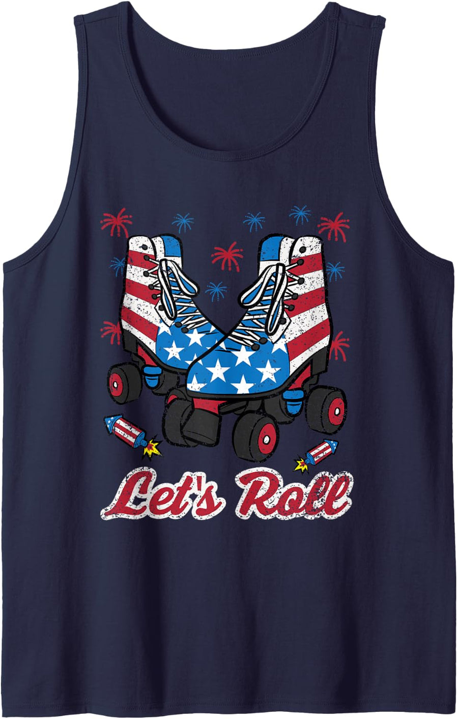 Lets Roll 4th Of July Roller Skate American Flag Skater Tank Top - Navy Blue