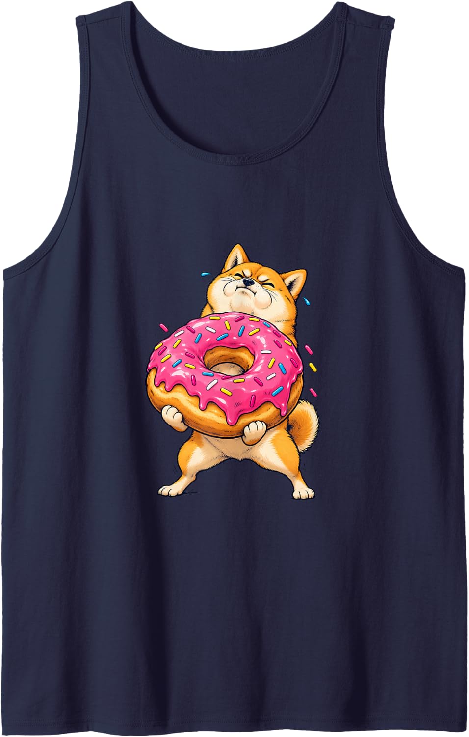 Shiba Inu Lifting an Oversized Donut Sleeveless Tank Top - Navy Blue