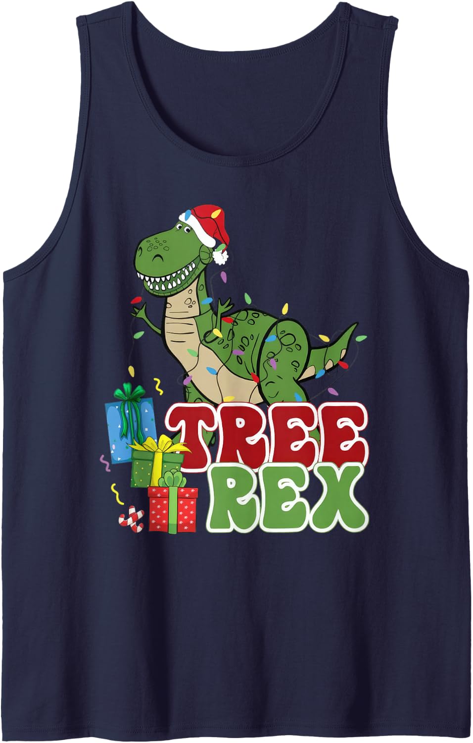 Dinosaur Tree Rex Christmas Men Boys Kids Toddler Xmas Light Sleeveless Tank Top - Navy Blue