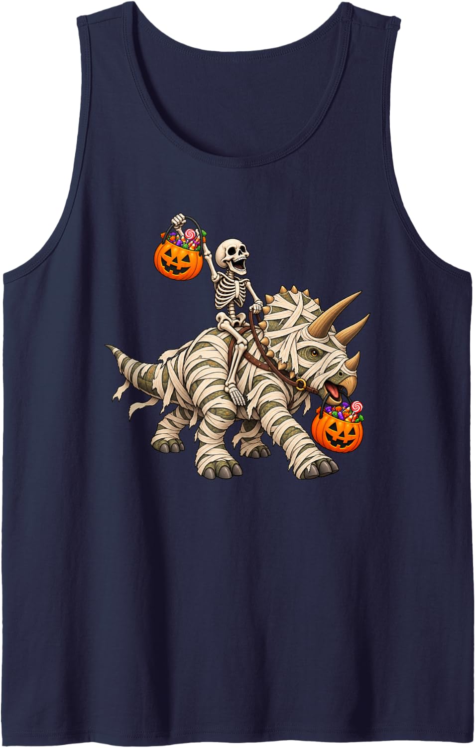 Skeleton Riding Mummy Triceratops Dinosaur Funny Halloween Sleeveless Tank Top - Navy Blue