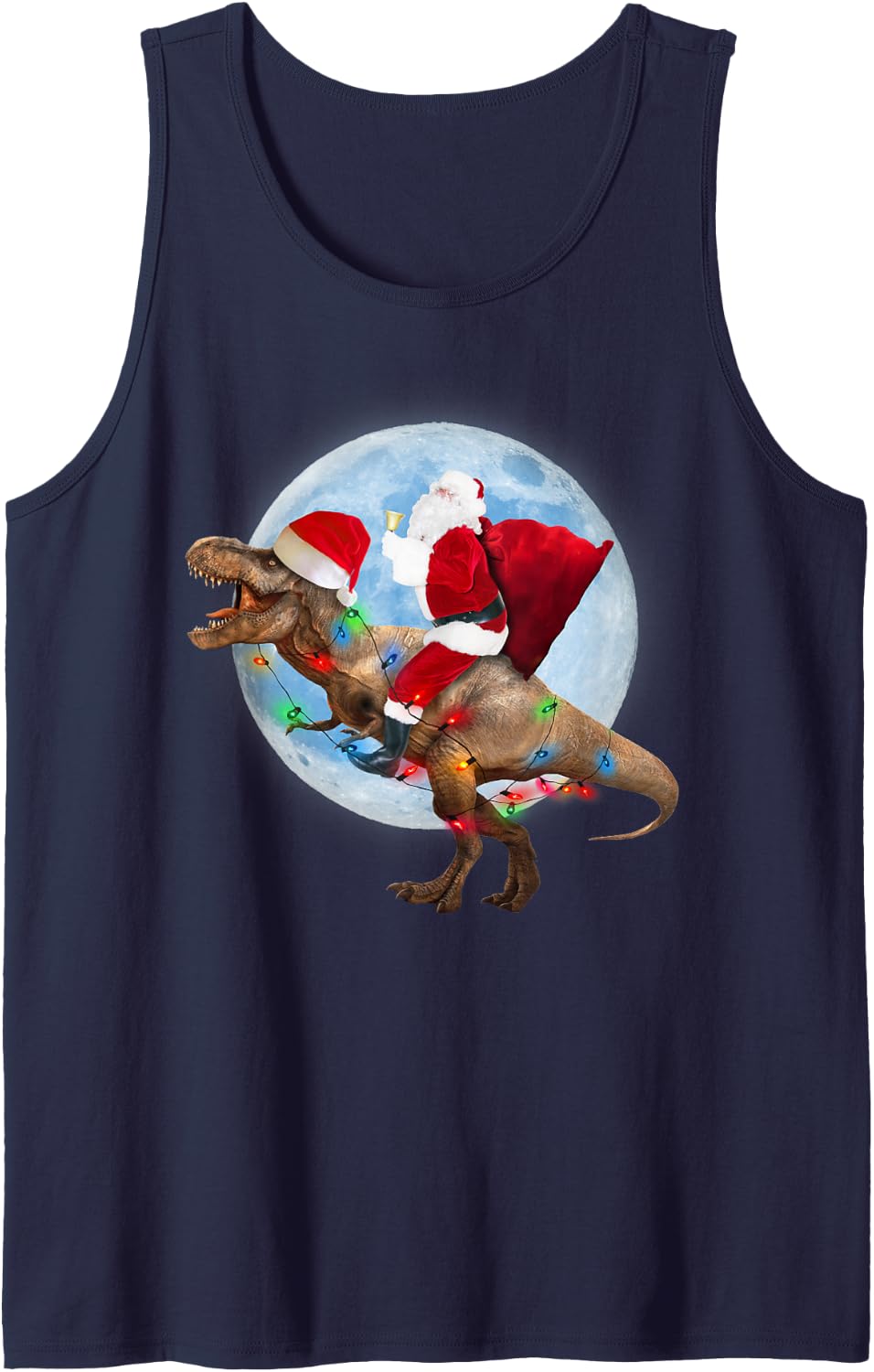 Santa Riding Dinosaur T Rex Moon Funny Christmas Xmas Sleeveless Tank Top - Navy Blue