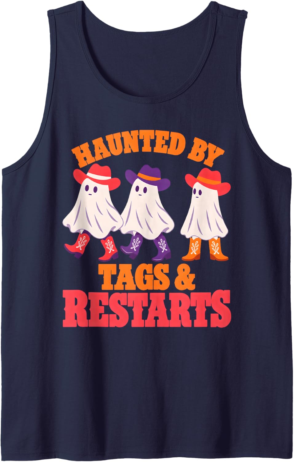 Haunted Tags and Restarts Funny Line Dancing Halloween Ghost Sleeveless Tank Top - Navy Blue