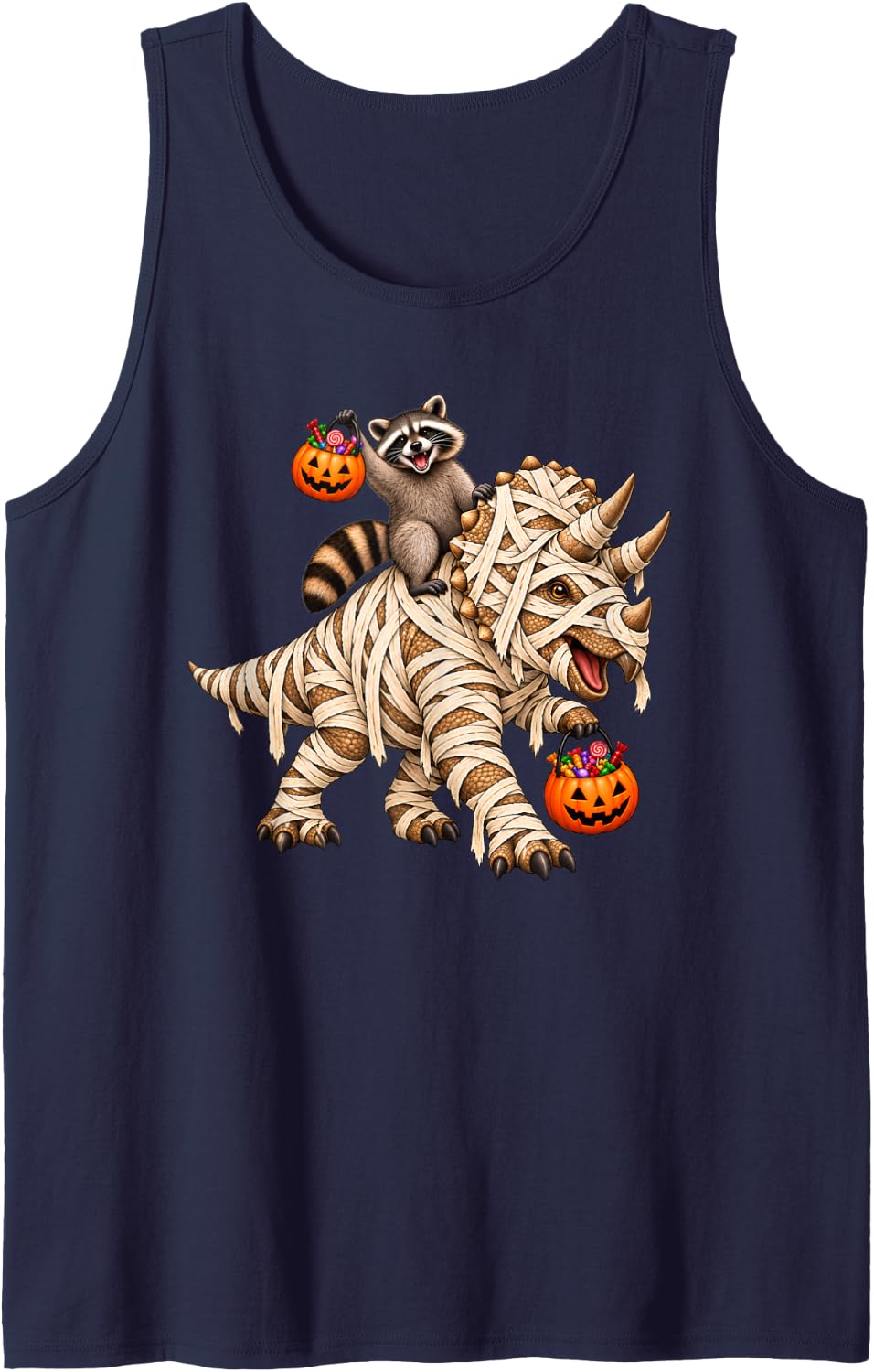 Raccoon Riding Mummy Triceratops Dinosaur Funny Halloween Sleeveless Tank Top - Navy Blue