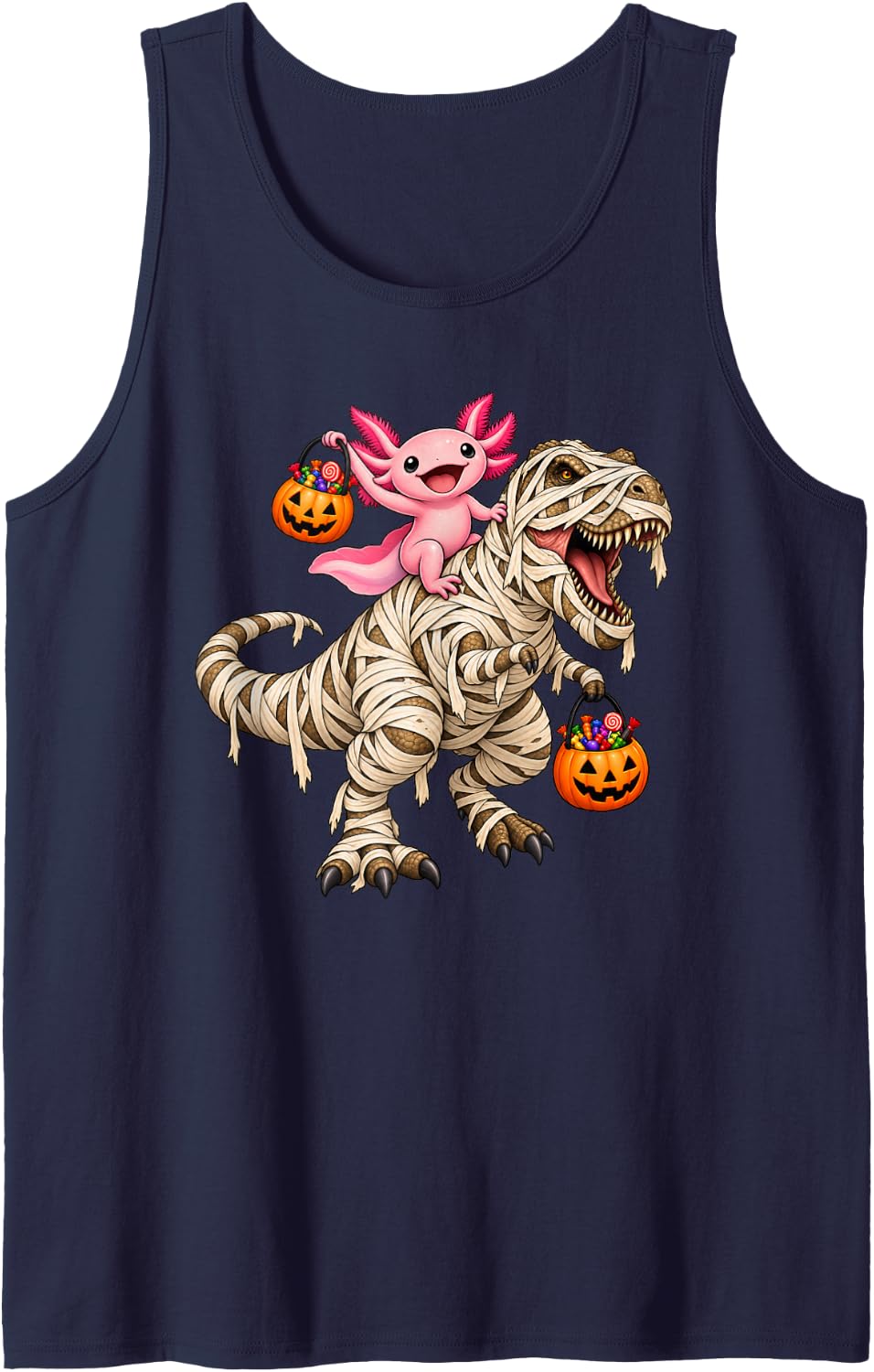 Axolotl Riding Mummy T-Rex Dinosaur Funny Halloween Sleeveless Tank Top - Navy Blue