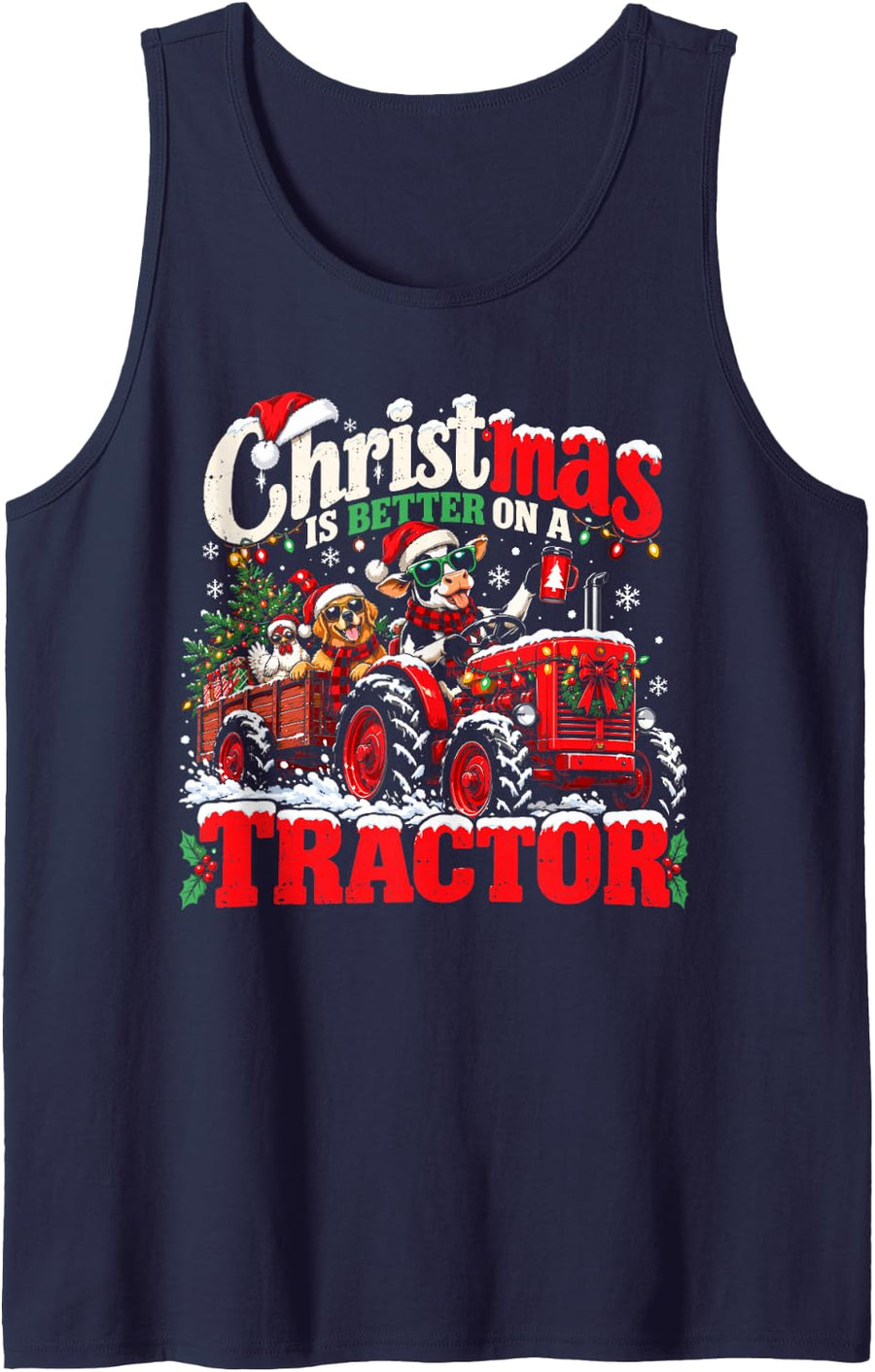 Funny Christmas Tractor Cow Dog Holiday Humor Sleeveless Tank Top - Navy Blue