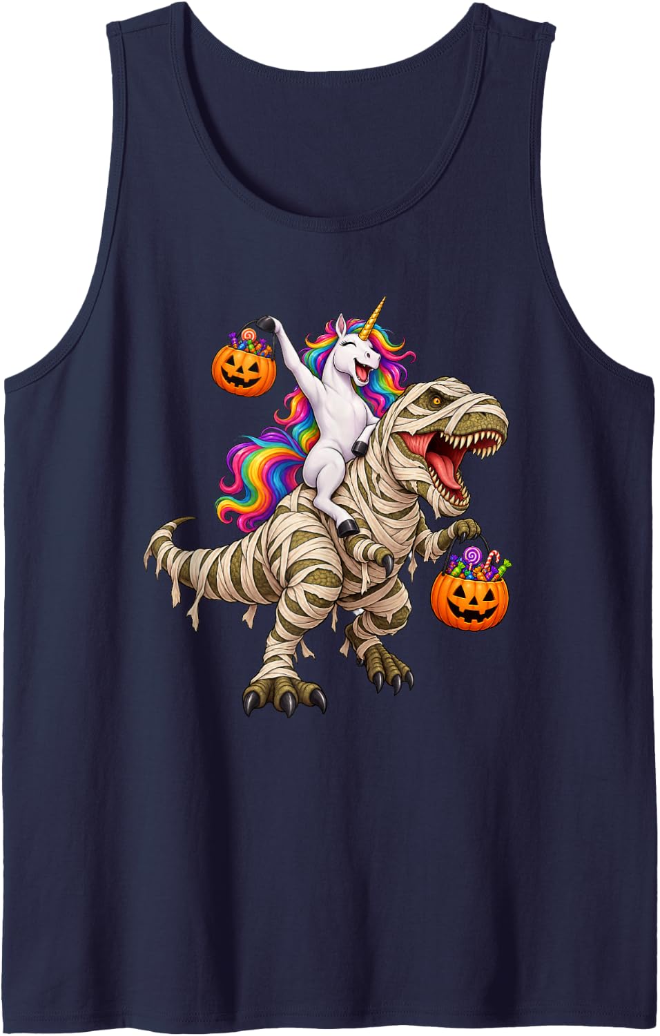 Unicorn Riding Mummy T-Rex Dinosaur Funny Halloween Sleeveless Tank Top - Navy Blue