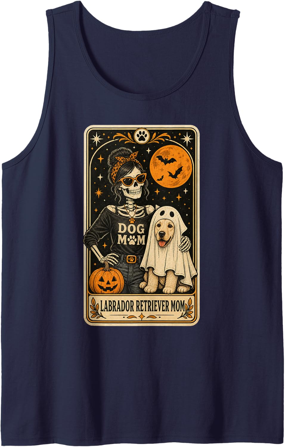 Labrador Retriever Mom Halloween Skeleton Dog Mom Tarot Card Sleeveless Tank Top - Navy Blue