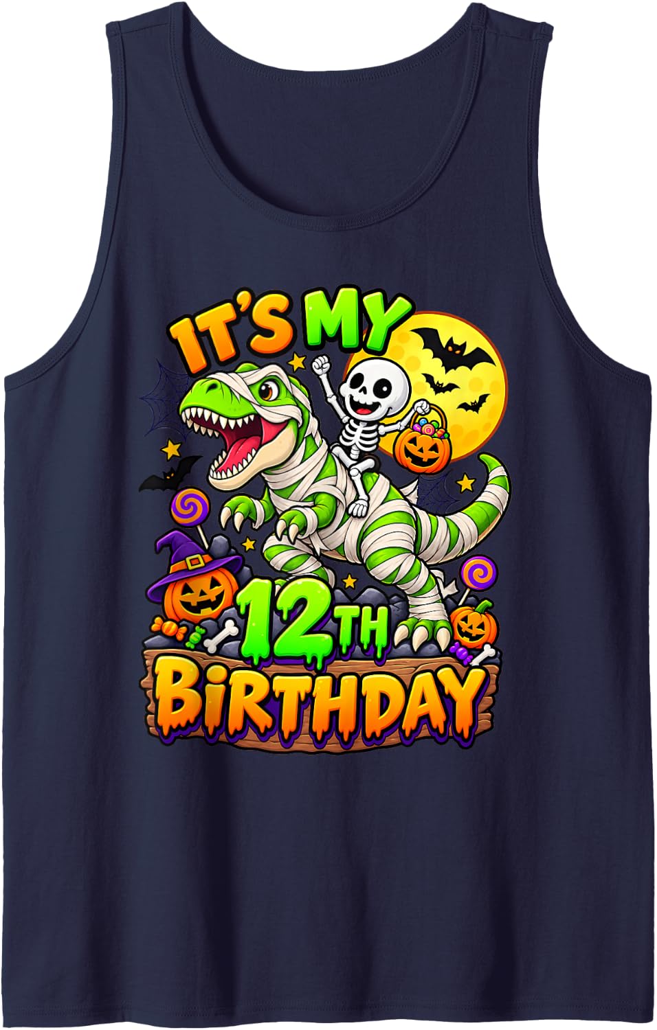 Funny Its My 12th Birthday Skeleton Dinosaur Mummy Halloween Sleeveless Tank Top - Navy Blue