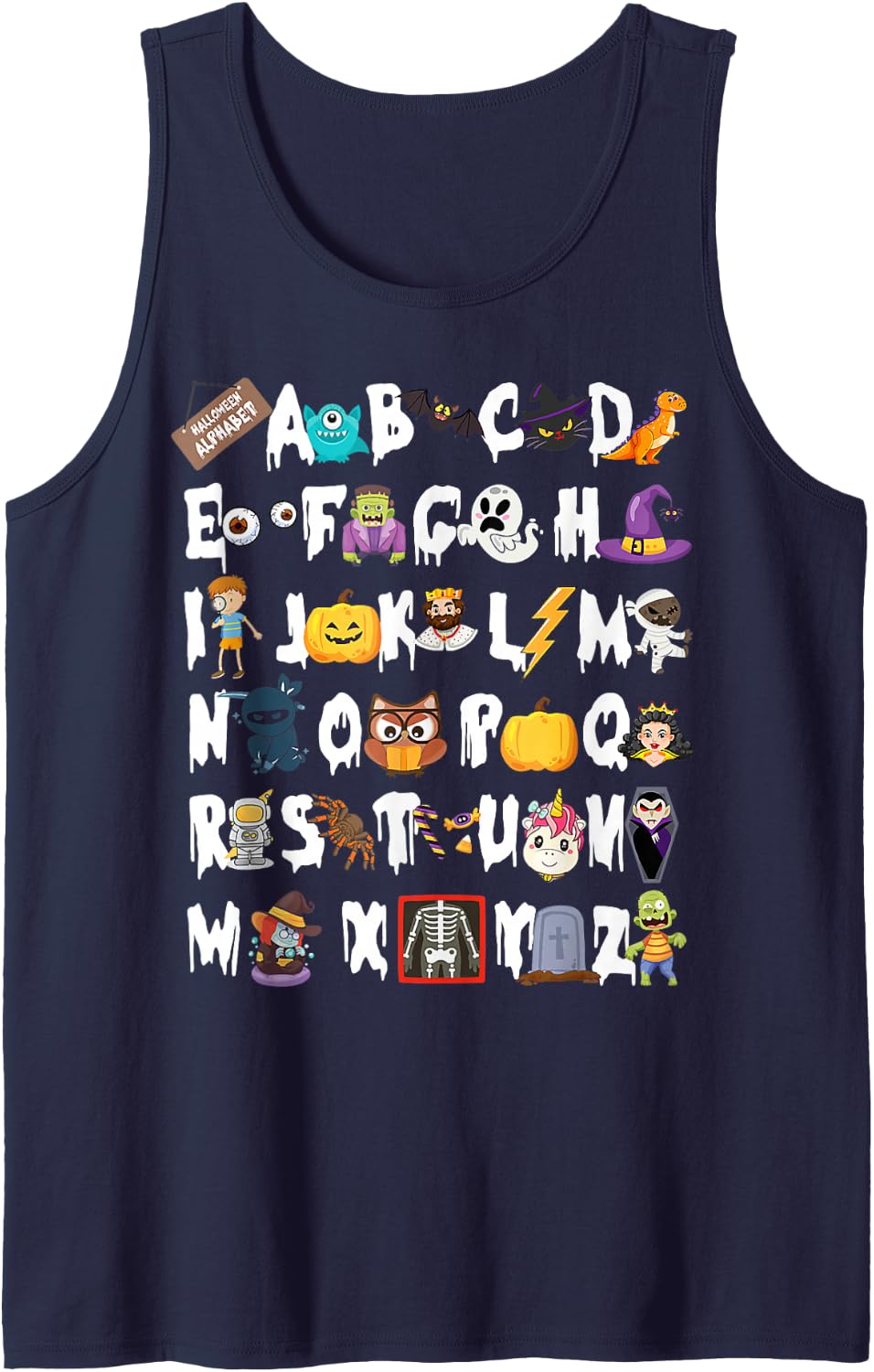 Alphabet Halloween ABCs Learning Kindergarten School Teacher Sleeveless Tank Top - Navy Blue