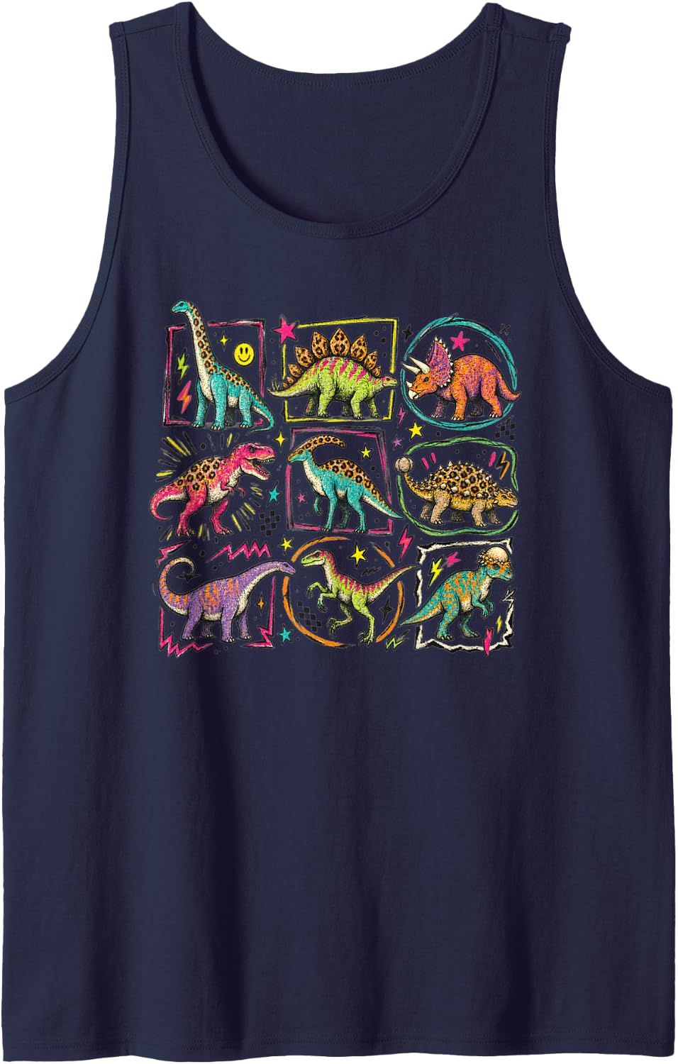 Dinosaurs Retro Leopard Print Colorful Dino Collage Art Sleeveless Tank Top - Navy Blue