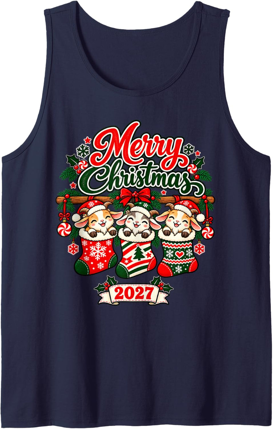 Merry Christmas 2027 Happy Goat in Stockings Men Women Kids Sleeveless Tank Top - Navy Blue