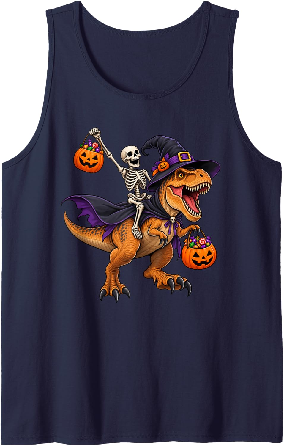 Skeleton Riding Witch Dinosaur Funny Halloween Sleeveless Tank Top - Navy Blue