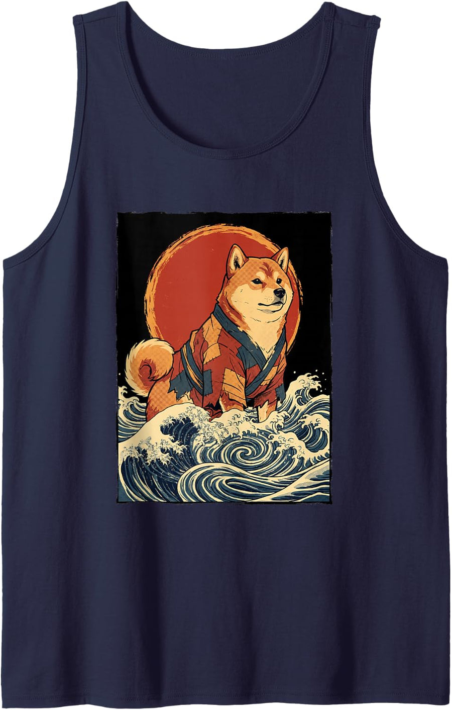 Samurai Shiba Inu Japanese Ocean Wave Dog Sleeveless Tank Top - Navy Blue