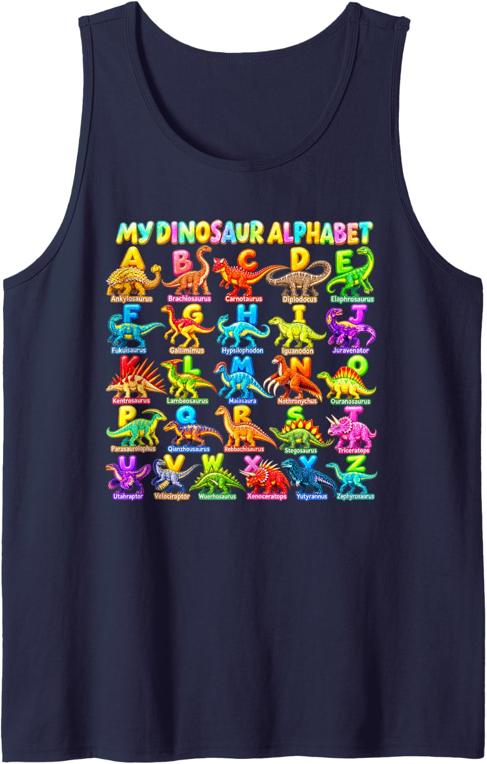 My Illustrated Dino Study ABC Dinosaur Alphabet Sleeveless Tank Top - Navy Blue