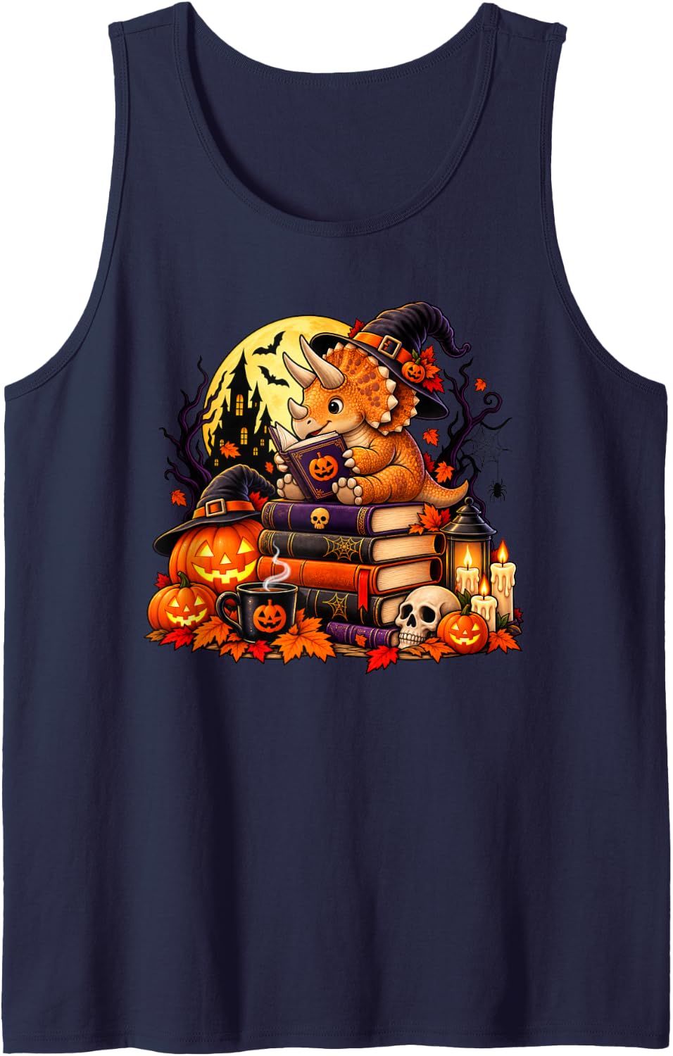 Triceratops Dinosaur Reading Book Nerd Halloween Sleeveless Tank Top - Navy Blue