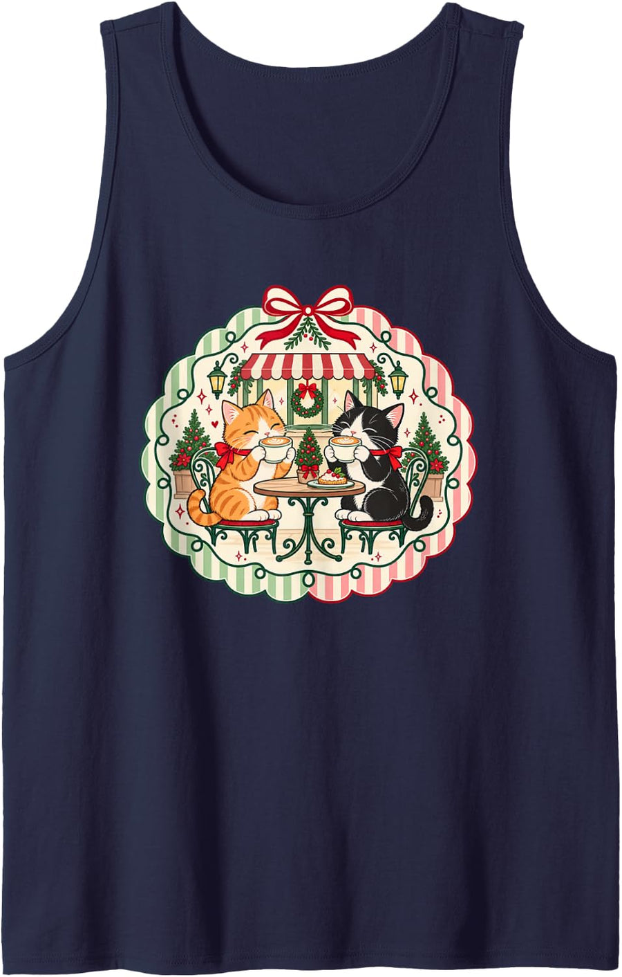 Christmas Cats Drinking Latte Funny Holiday Cat Cafe Sleeveless Tank Top - Navy Blue