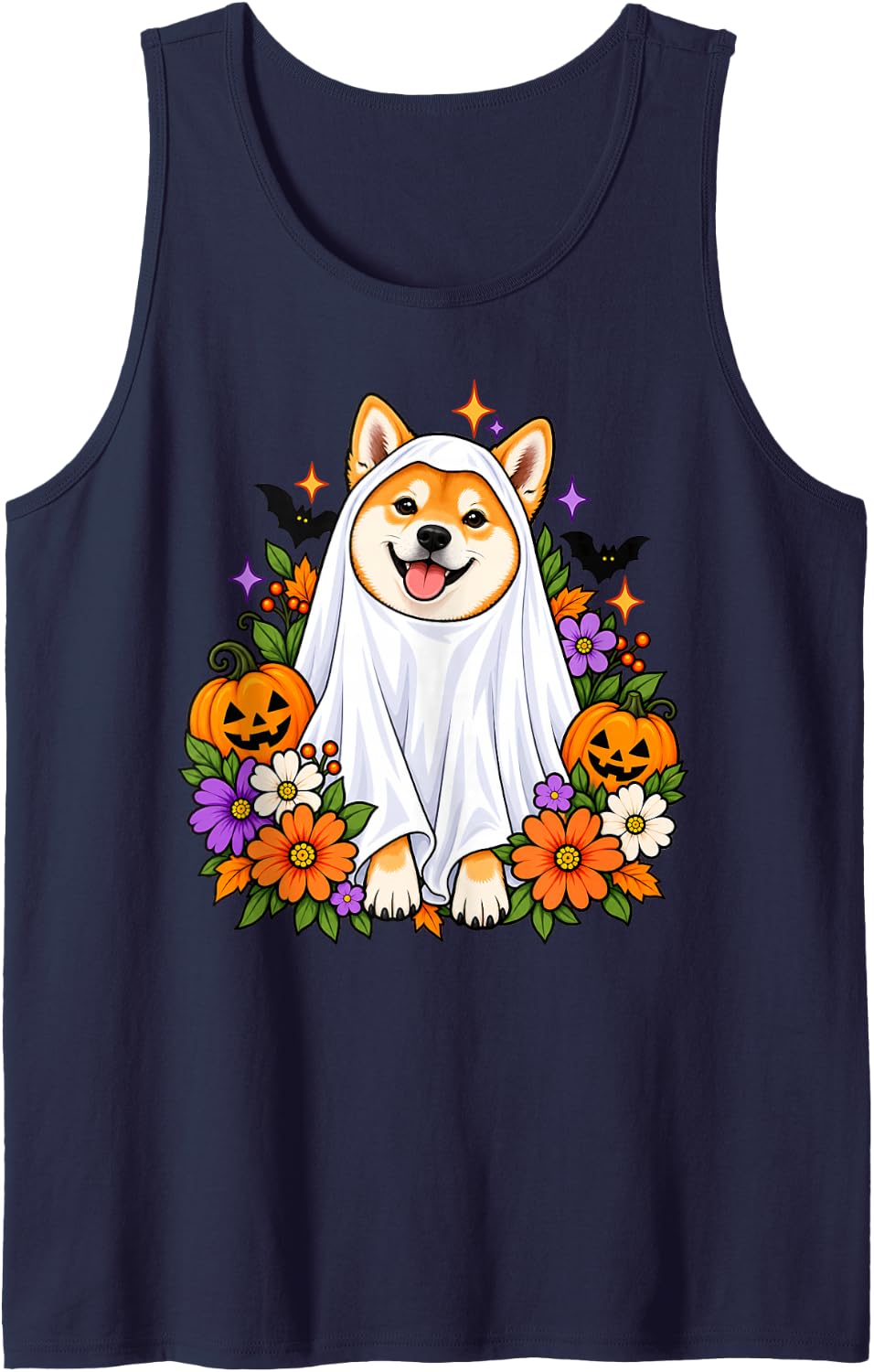 Floral Shiba Inu Ghost Halloween Costume for Dog Lovers Sleeveless Tank Top - Navy Blue