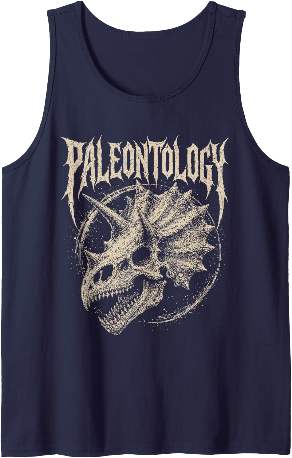 Paleontology Metal Triceratops Skull and Chains Dinosaur Sleeveless Tank Top - Navy Blue