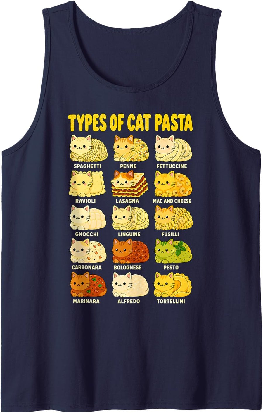Types of Cat Pasta Funny Lover Food Humor Chart Mom Cute Sleeveless Tank Top - Navy Blue