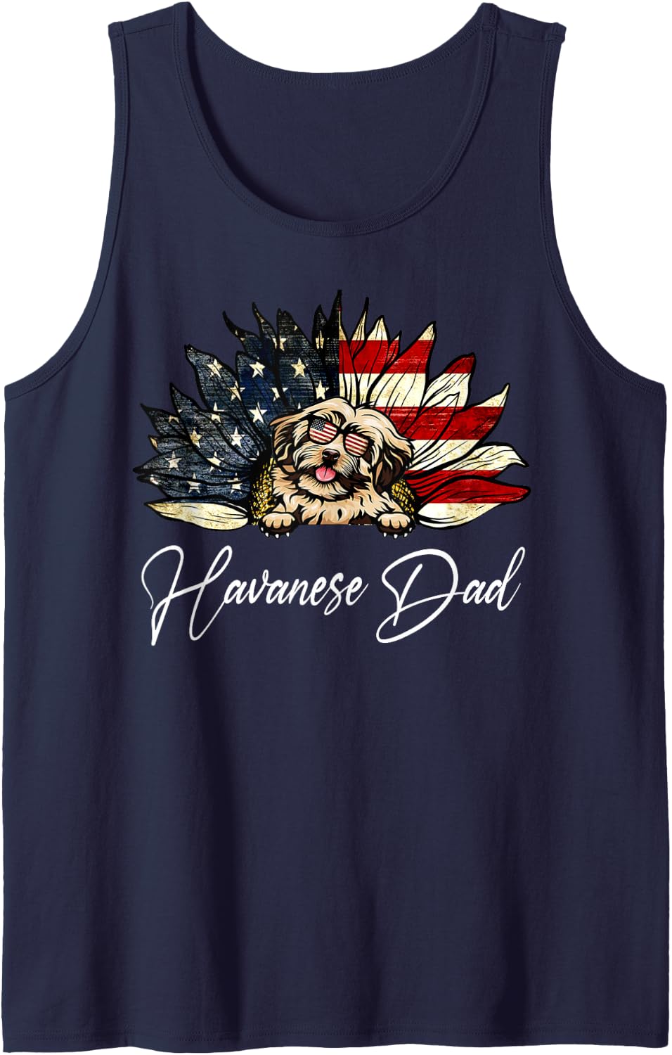 Vintage USA Best Havanese Dad Ever American Flag Sleeveless Tank Top - Navy Blue