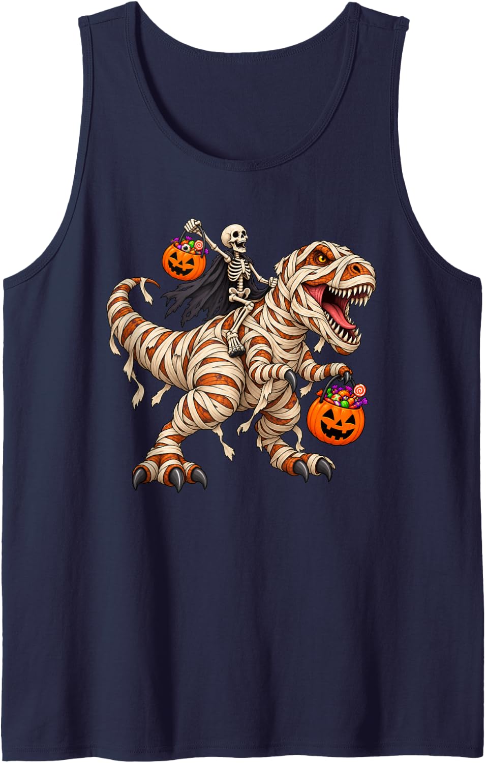 Skeleton Riding Mummy T-Rex Dinosaur Funny Pumpkin Halloween Sleeveless Tank Top - Navy Blue