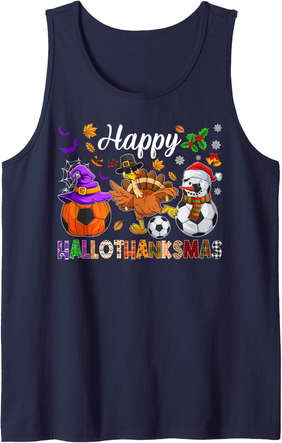 Hallothanksmas Soccer Lovers Halloween Thanksgiving Xmas Sleeveless Tank Top - Navy Blue