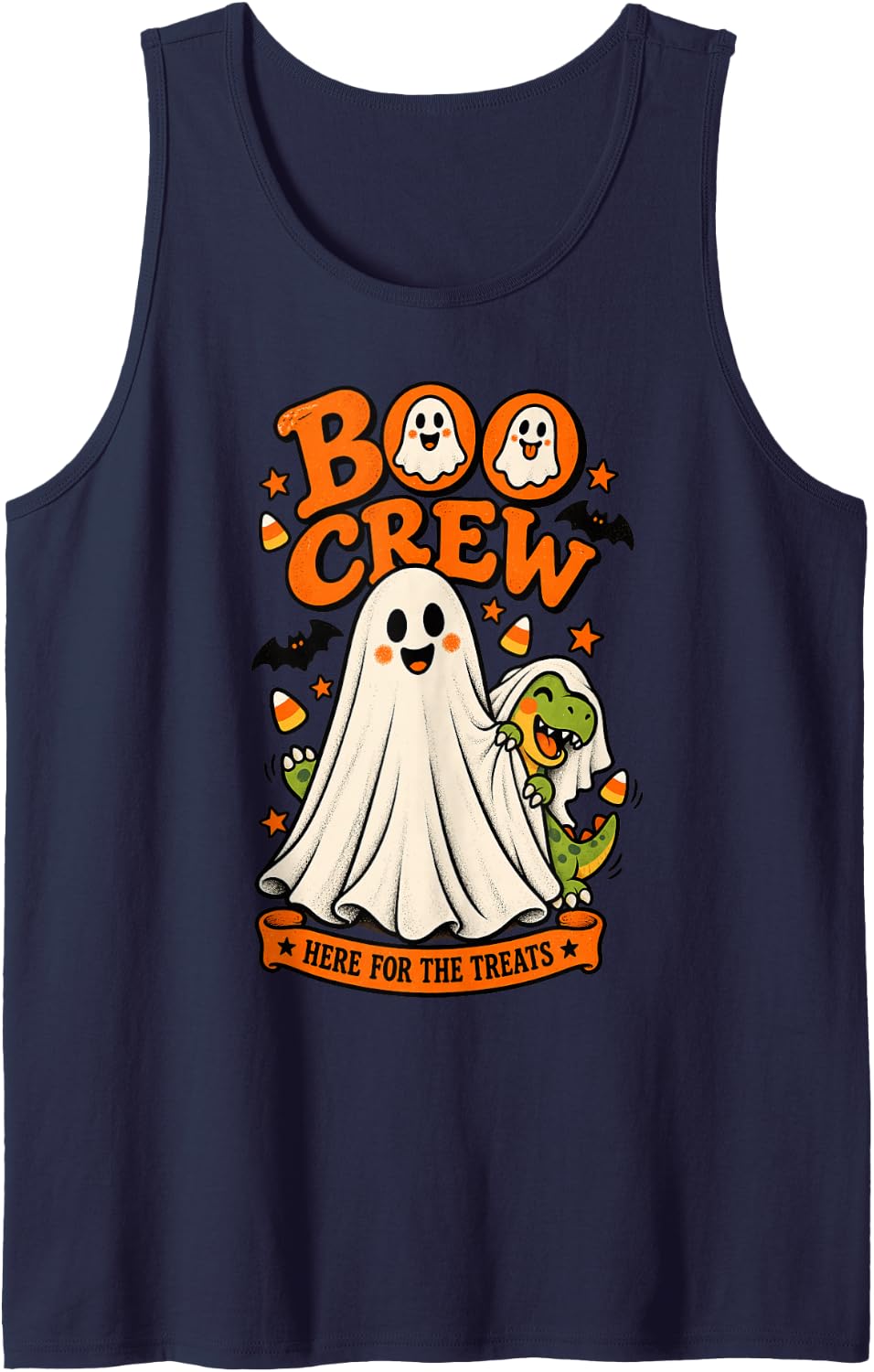 Dinosaur Boo Crew Here for the Treats Halloween Animal Lover Sleeveless Tank Top - Navy Blue