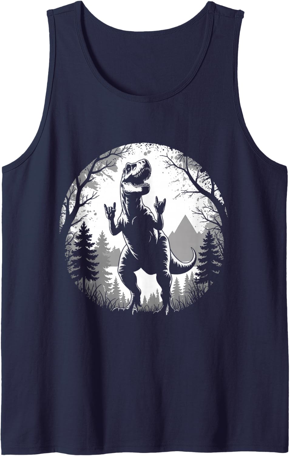 Rock On Dinosaur Rock and Roll Nature Forest Mountains Trees Sleeveless Tank Top - Navy Blue