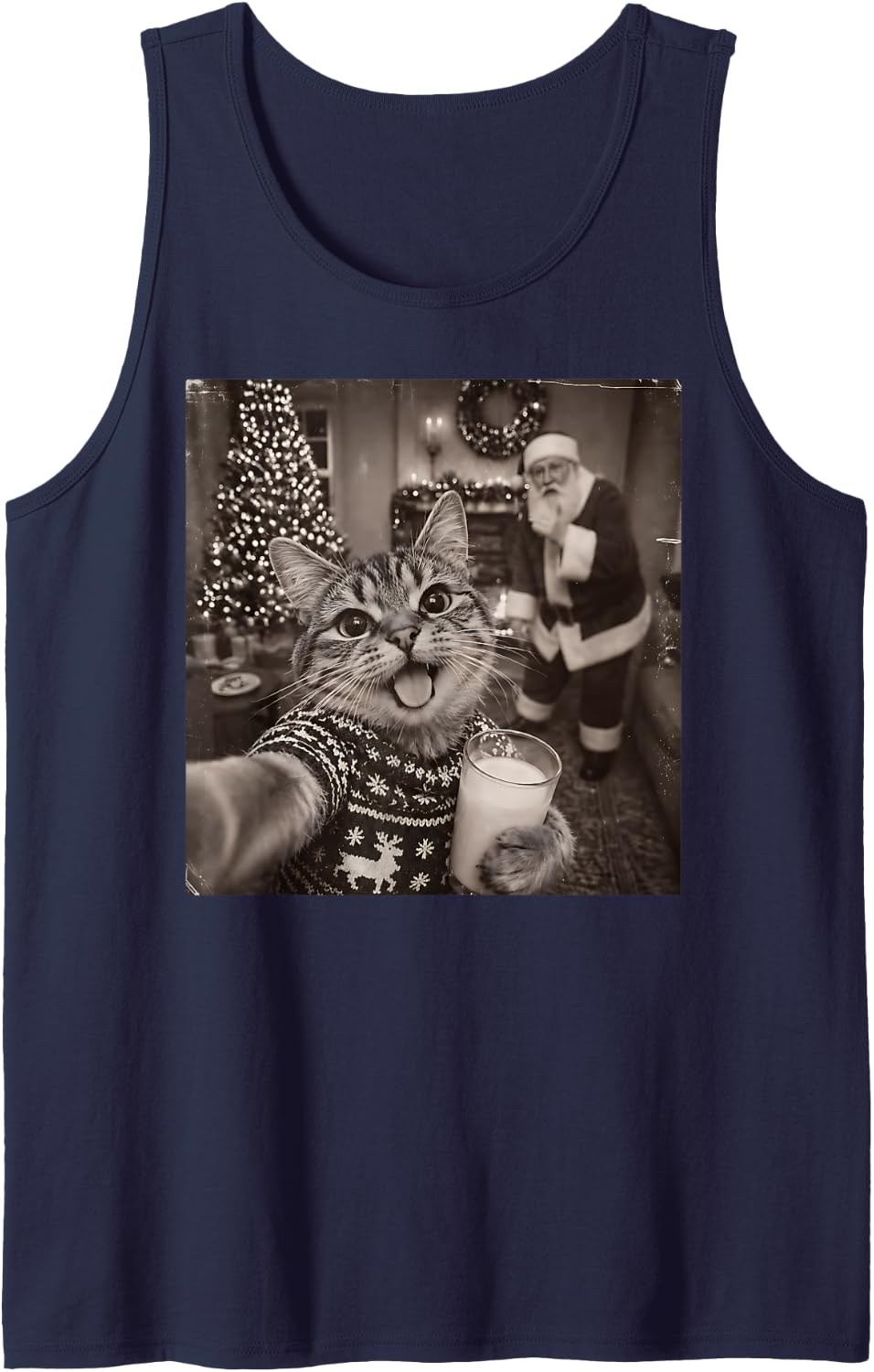 Christmas Cat Santa Funny Cat Selfie with Santa Sleeveless Tank Top - Navy Blue