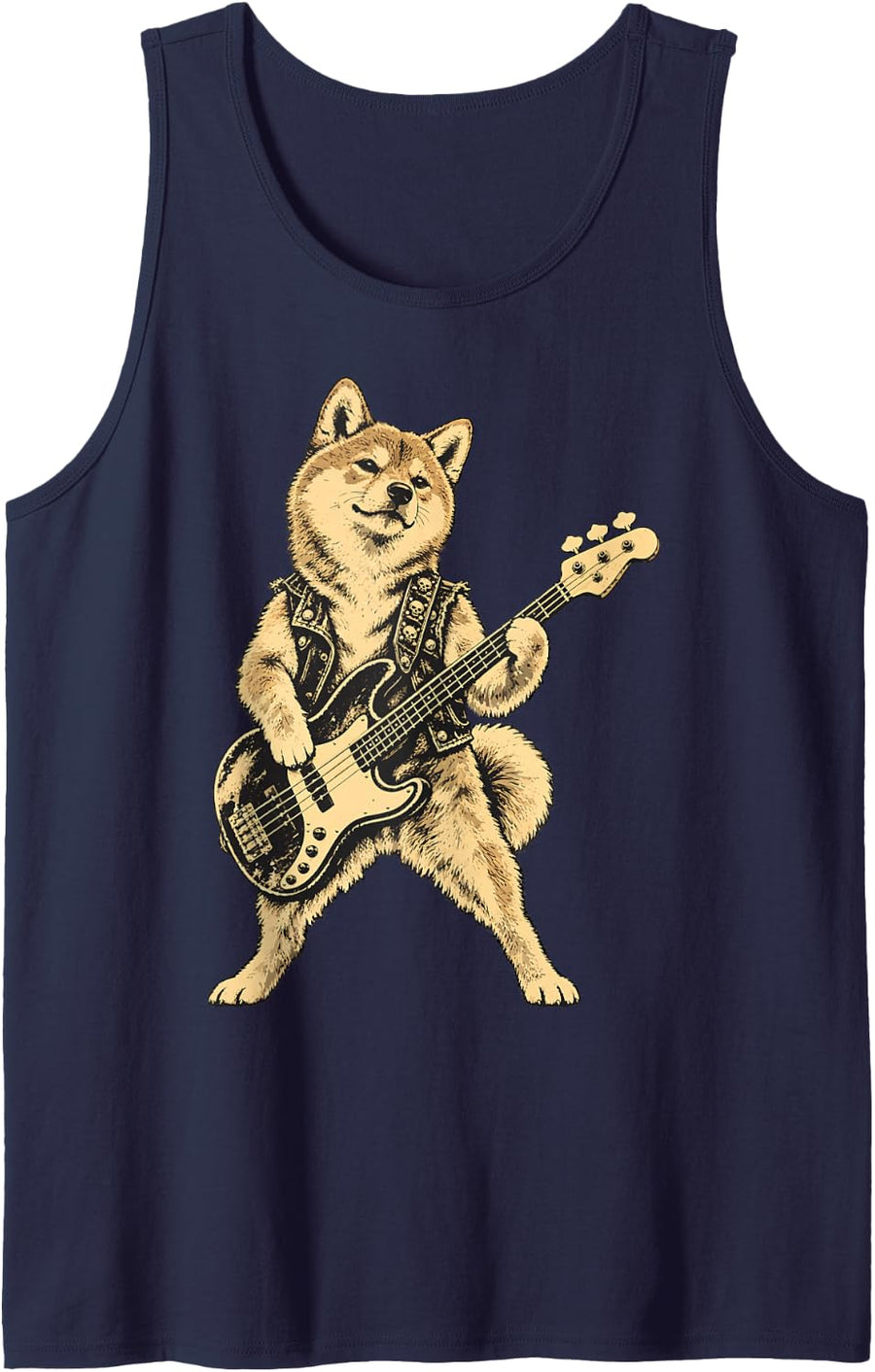 Shiba Inu Rock and Roll Dog Playing Electric Guitar Rocker Sleeveless Tank Top - Navy Blue