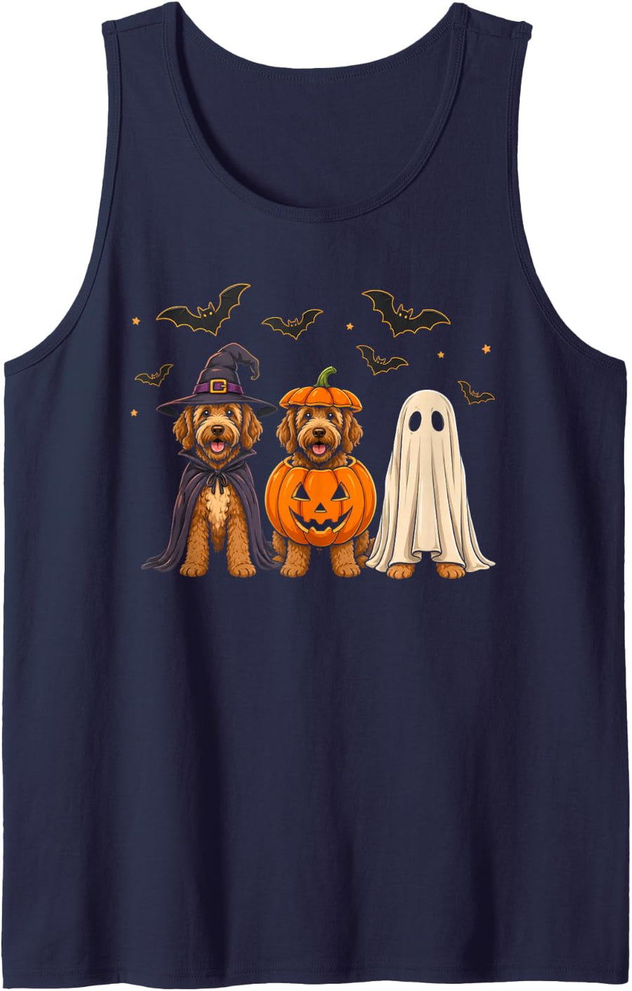 Spooky Ghost Goldendoodle Witch Pumpkin Bats Halloween Dogs Tank Top - Navy Blue