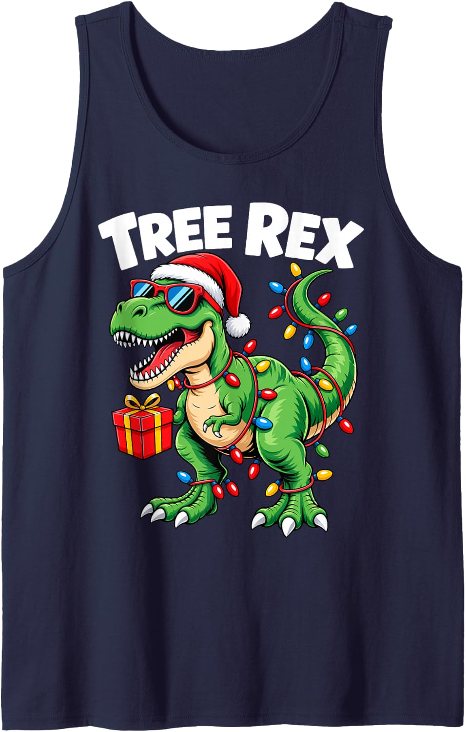 Funny Tree Rex Dinosaur Wrapped in Christmas Lights Sleeveless Tank Top - Navy Blue