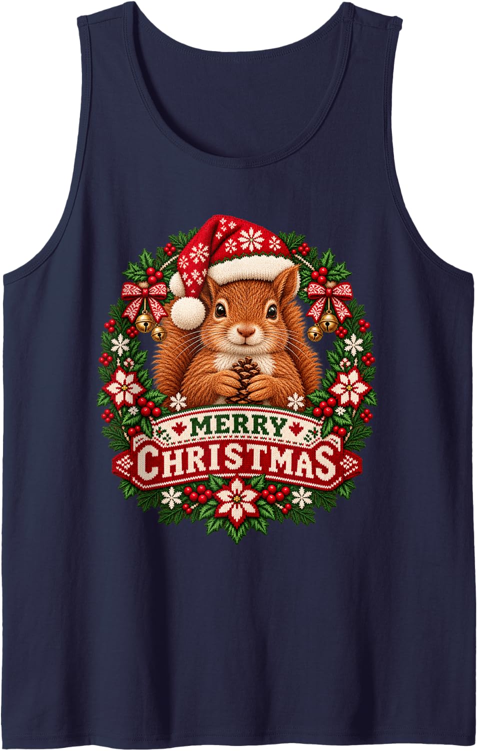 Merry Christmas Squirrel Happy Santa Hat Snowflake Sleeveless Tank Top - Navy Blue