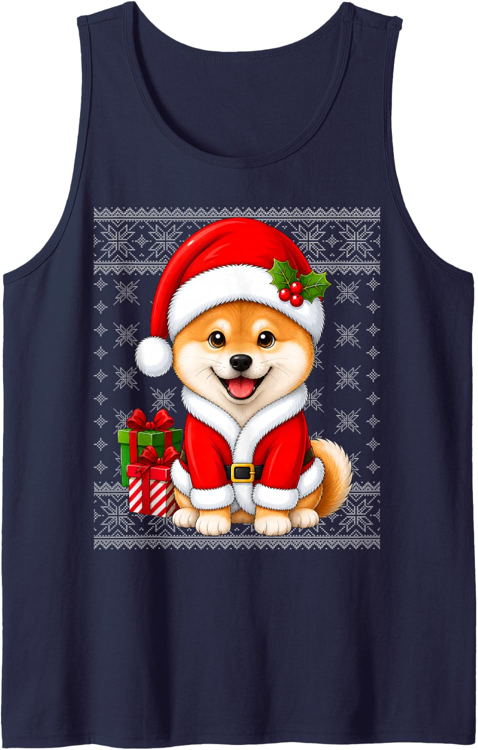Shiba Inu Dog in Christmas Santa Costume Ugly Sweaters Xmas Sleeveless Tank Top - Navy Blue