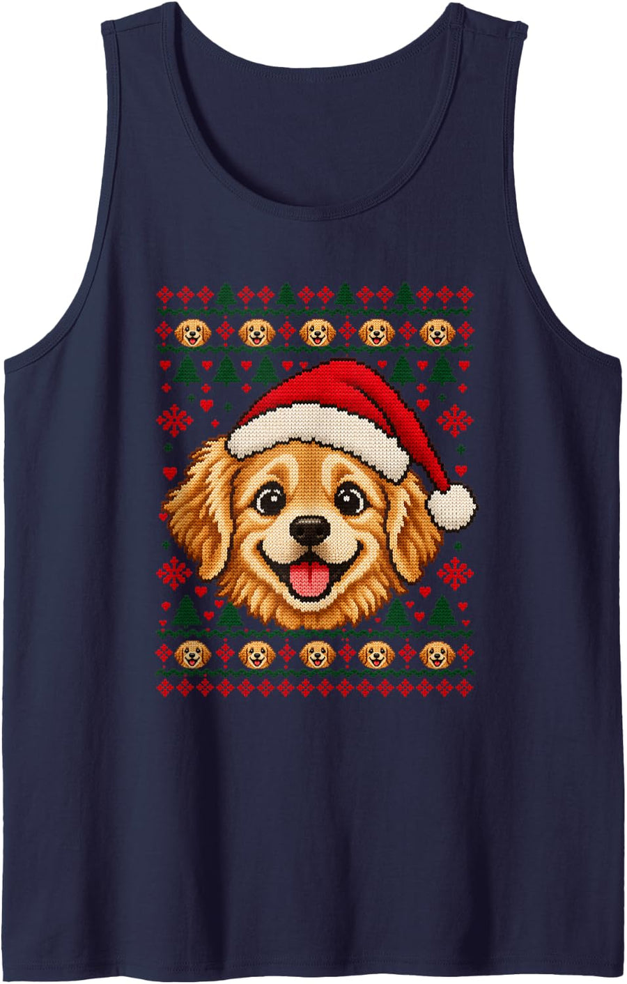 Happy Golden Retriever Christmas Santa Hat Sweater Men Women Sleeveless Tank Top - Navy Blue