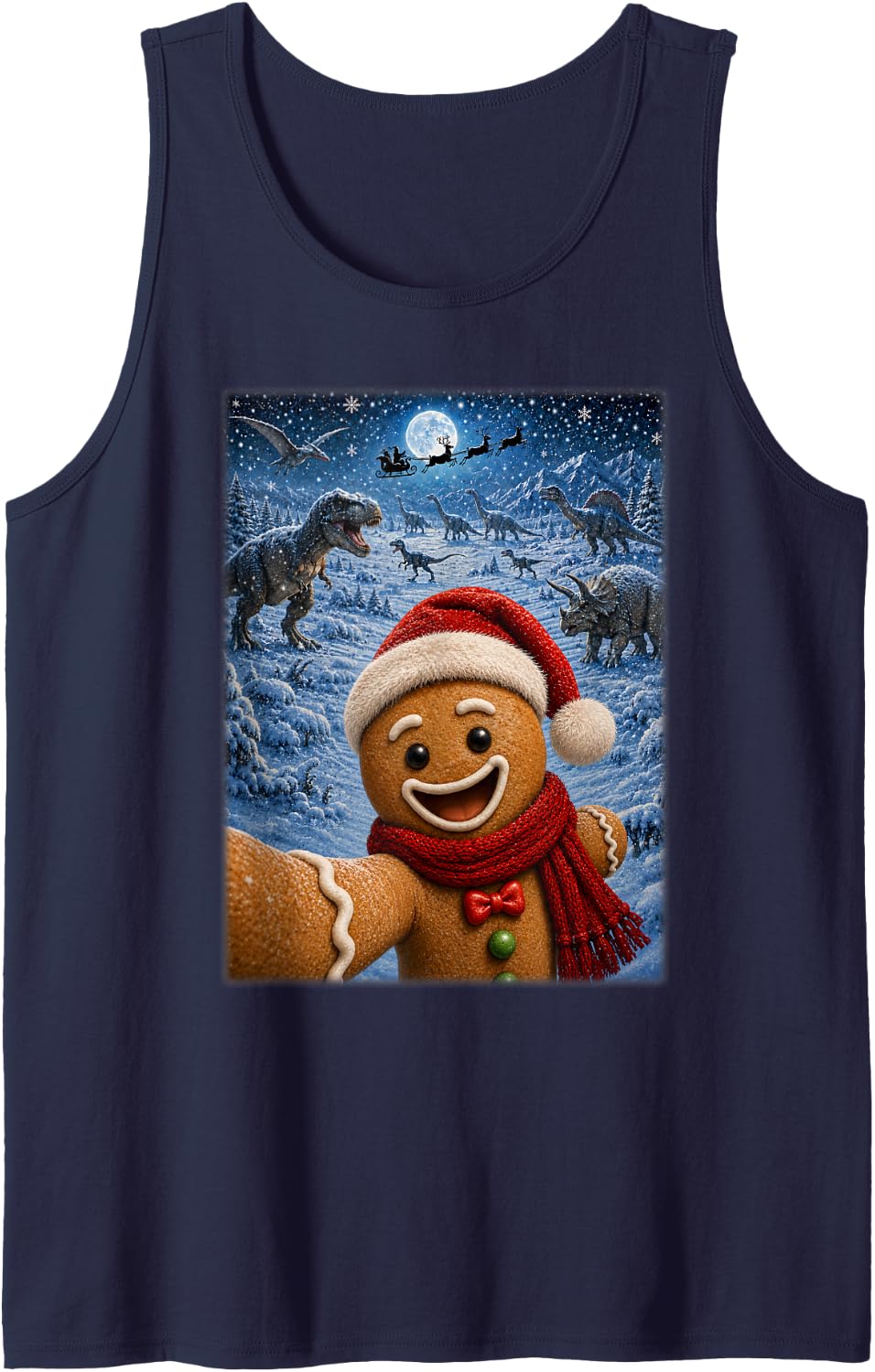 Festive Santa Gingerbread Man Dinosaurs Christmas Selfie Sleeveless Tank Top - Navy Blue