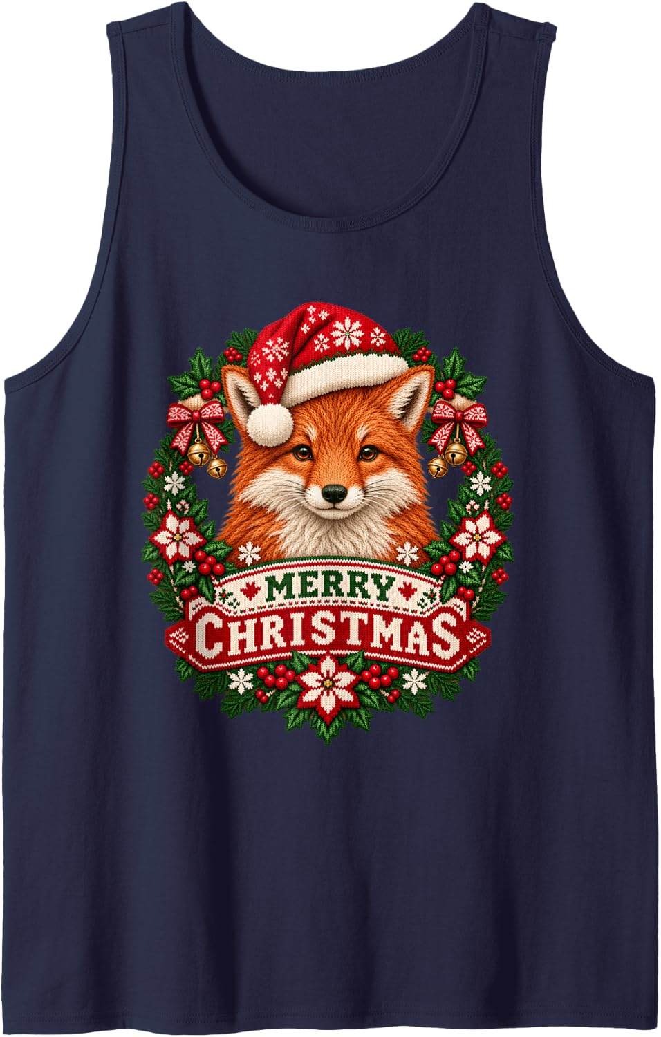Merry Christmas Fox Happy Santa Hat Snowflake Sleeveless Tank Top - Navy Blue