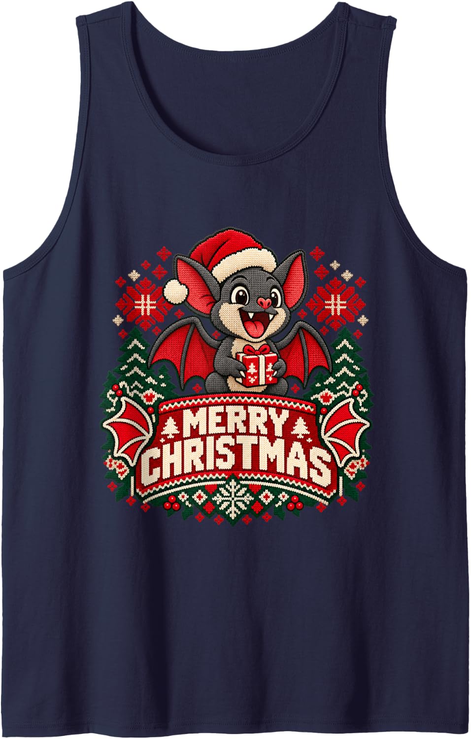 Merry Christmas Bat Cheerful Roaring Festive Winter Art Sleeveless Tank Top - Navy Blue