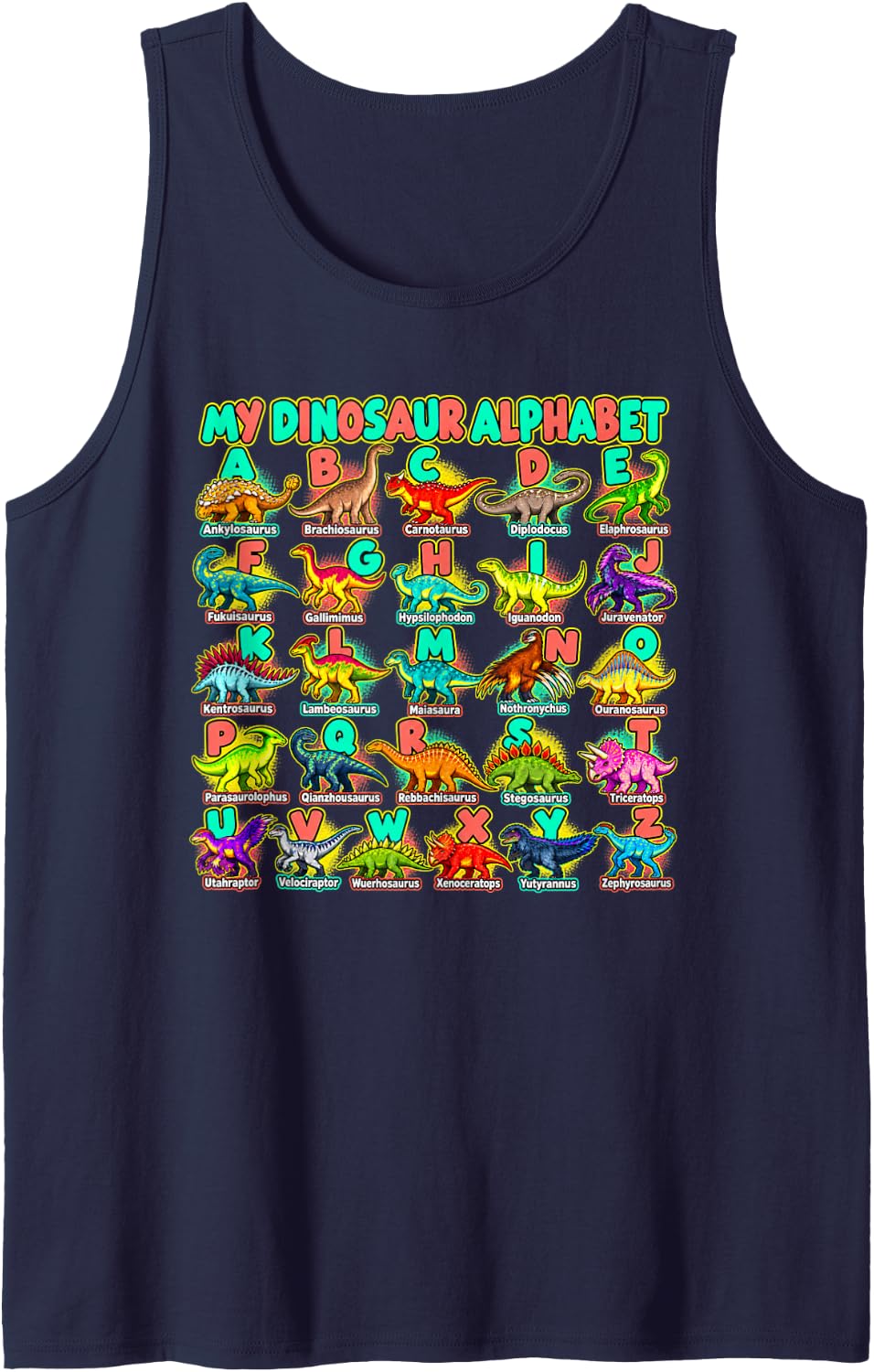 My Outlined Dino Grid ABC Dinosaur Alphabet Sleeveless Tank Top - Navy Blue