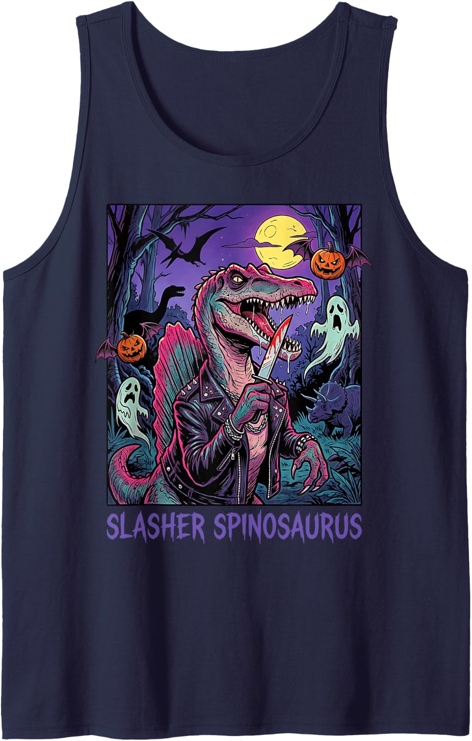 Spinosaurus Dinosaur Spooky Scary Haunted Horror Mens Boys Sleeveless Tank Top - Navy Blue